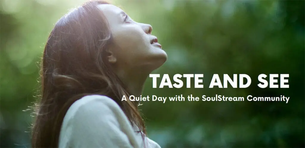 woman looking upward with green background