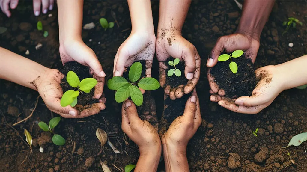 Group of hands planting in a garden